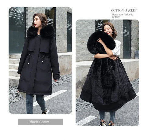 Winter Parka 2024 New Women Jacket Clothes Long Coat Wool Liner Hooded Jacket Fur Collar Thick Warm Snow Wear Fashion Parka